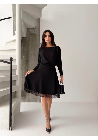 Kadın Dantelli Bel Drape Detaylı Kayık Yaka Modal Kumaş Midi Elbise Siyah