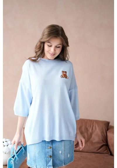 Park Karon 10729 Kadın Bisiklet Yaka Nakış Detay Oversize Trko Kazak Bebe Mavi