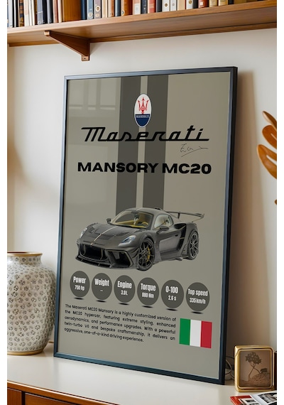 Maserati Mansory Mc20 Premium Araba Tablosu - Teknik Özellikli İtalyan Otomobil Duvar Dekoru Siyah