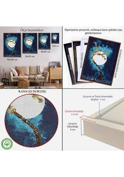 Çerçeveli Altın Çiçekli Ağaç Ve Ve Ay Kanva Tablo, Soyut Çağdaş Sanat Örneği-4971