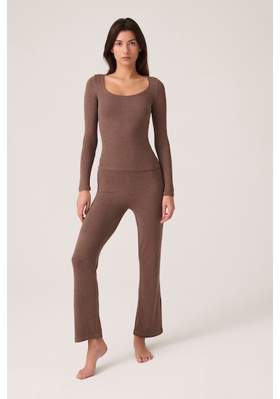 Los Ojos X Ece Kahverengi Modal Kumaşlı Uzun Kollu Eşofmanlı Pijama Takımı Ribbed Pj2 Kahverengi Kahverengi