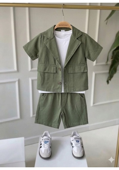 Azra 3lu Gabardin Şortlu Erkek Çocuk Takım Haki