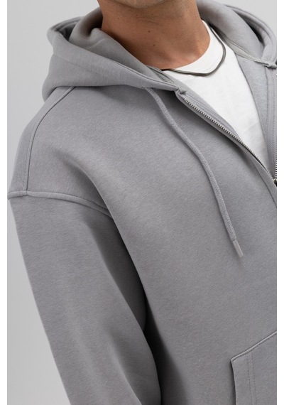 Vamos Basic Fermuarlı Oversize Kapüşonlu Sweatshirt Gri