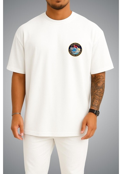 Bahriyeli Collection Oversize Tcg Kınalıada Logo Cep Baskılı Unisex T-shirt Beyaz