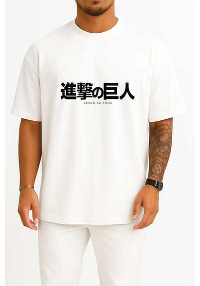 Bahriyeli Collection Oversize Attack On Titan Göğüs Tasarımlı Unisex T-shirt Beyaz