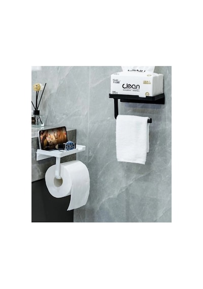 Tuvalet Kağıdı Askılığı - Raflı Ve Yapışkanlı - Matkapsız Banyo Aksesuarı Beyaz