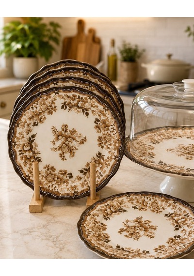 8 Parça Porselen Velour Brown Pasta Seti-7248 Çok Renkli