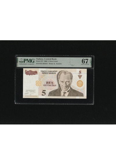 Beş Yeni Türk Lirası 5 Ytl P217 2005 Pmg 67 Epq Superb Gem Unc S/n F82 204354 8.ems 1.t
