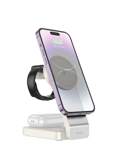 Shaza 3ın1 Arada Katlanabilir Kablosuz Şarj Standı Beyaz