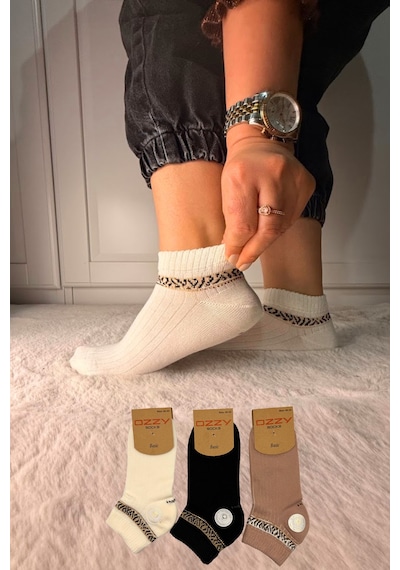 Ozzy Socks 3 Çift Kadın Taş Detaylı Dikişsiz & Takviyeli Patik Çorap Kırmızı