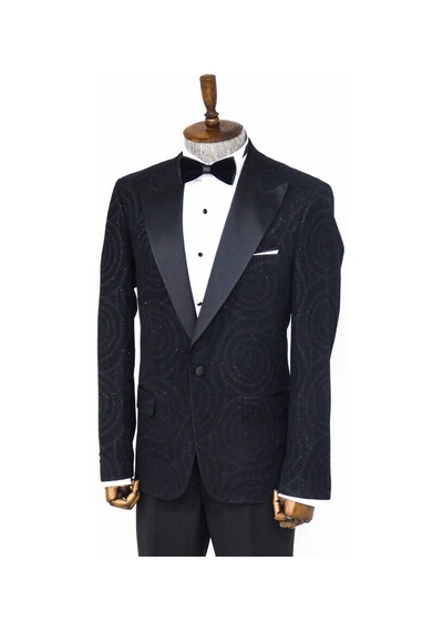 Wessi Hipnoz Desen Sivri Yaka Slim Fit Siyah Erkek Smokin Ceket Siyah