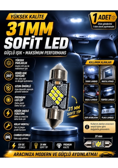 31mm Sofit Led Ampul 1 Adet 12v Canbus Beyaz Işık Tavan Bagaj Torpido Plaka İç Aydınlatma