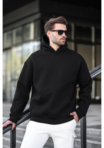 Madmext Siyah Kapüşonlu Kanguru Cep Erkek Sweatshirt E7169 Siyah
