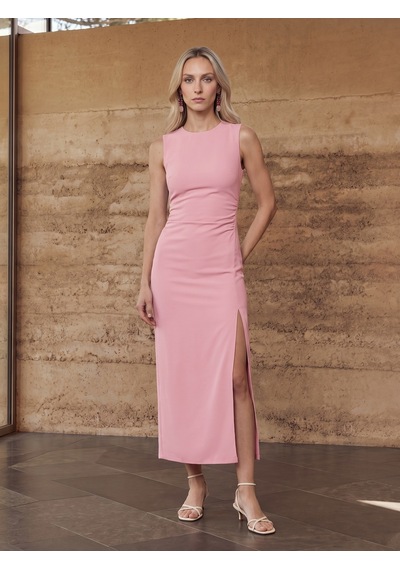 DİLVİN 91704 Yırtmaç Detaylı Midi Elbise-toz Pembe