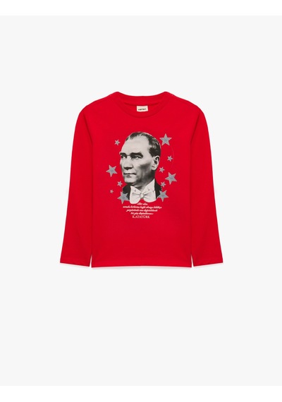 Koton Atatürk Baskılı Pamuklu Bisiklet Yaka Uzun Kollu Tişört Kırmızı 7wmg10219ak