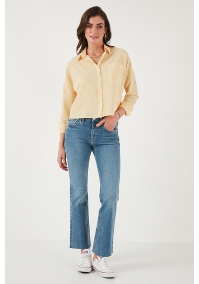 Lela Regular Fit Çizgili Göğüs Cepli Dokulu Bayan Gömlek 6772870 Sarı