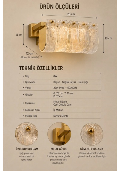 Premıum Eskitme Gold Cam Taşlı Led Aplik 3 Renk Dekoratif Duvar Aydınlatması 8w