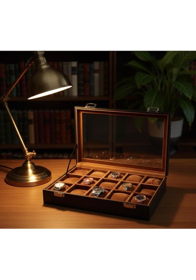 Lüks 15 Yuvalı Lüks Deri Cam Kapaklı Şık Tasarıma Sahip Saat Saklama Kutusu Ebat 34x24x8 Cm Taba