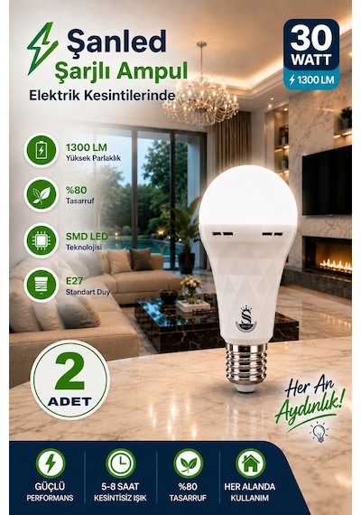 Şarjlı Akülü 30w Beyaz Işık Led Ampul 2 Adet 2 Adet