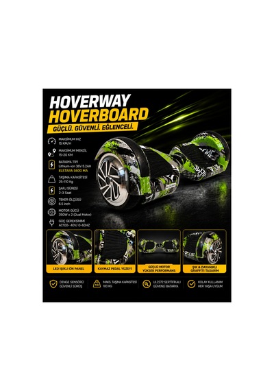 Hoverboard 6.5 İnç Led Işıklı Taşıma Kollu 36v 5.2ah Elektrikli Kaykay Yeşil