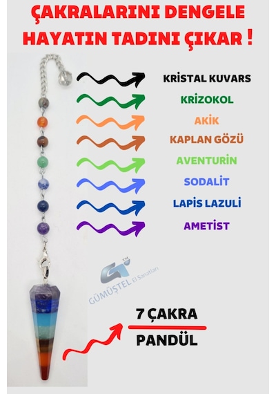 Sertifikalı Pandül Kesim 7 Çakra Doğal Taş Kadın Kolye Sarkaç Özel Tasarım Kolye Zinciri Hediyeli Çok REnkli