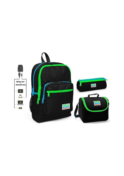 Coral High Siyah Erkek Çocuk İlkokul Çanta Seti - Usb Çıkışlı