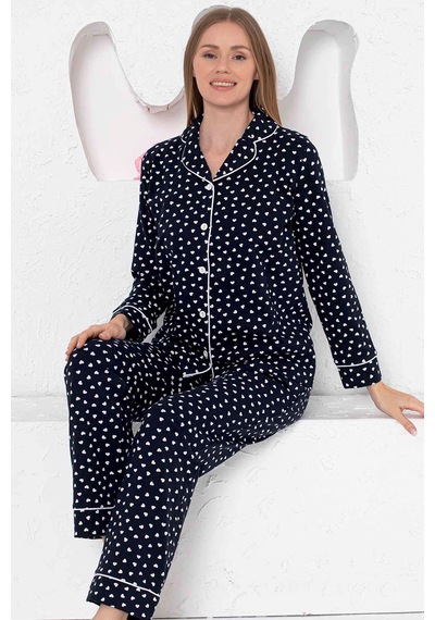 Alimer Kadın Lacivert Kalpli Gömlek Yaka Pijama Takım Edy2764uk-l Lacivert