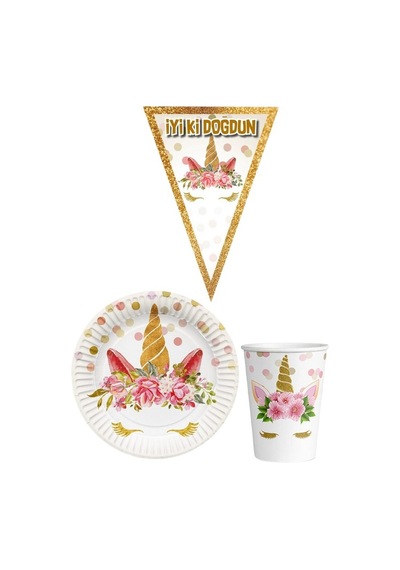 Unicorn Çiçekli 8 Kişilik Kız Doğum Günü Mini Set Kız Çocuk Parti
