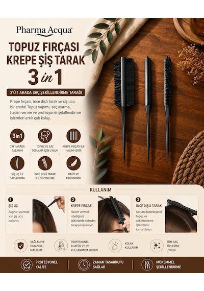 Pharma Acqua Topuz Fırçası Krepe Şiş Tarak 3'ü 1 Arada Saç Şekillendirme Tarağı Saç Fırçası