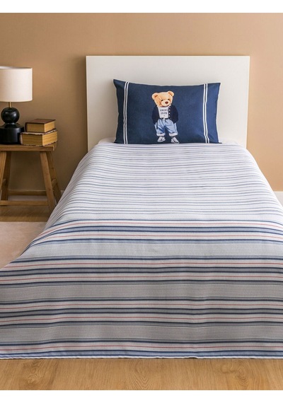 Lacivert Ayıcık Teddy Baskılı %100 Pamuklu Tek Kişilik Pike Seti 160 X 220 Cm Lacivert