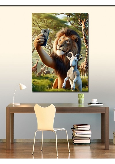 Kanvas Tablo Selfie Yapan Keçi Ve Aslan 70cmx100cm