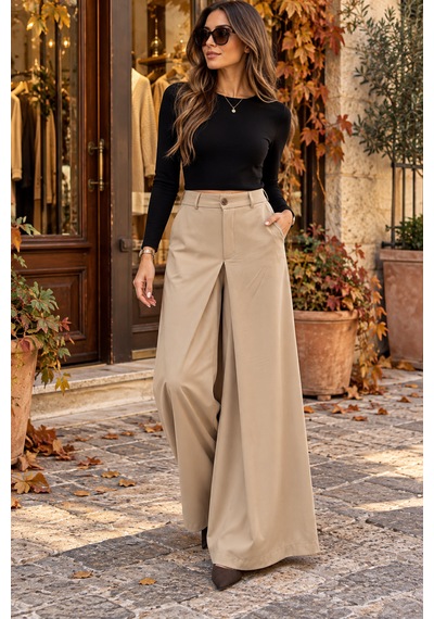 Fast Perry Camel Milano Palazzo Yüksek Dökümlü Pantolon
