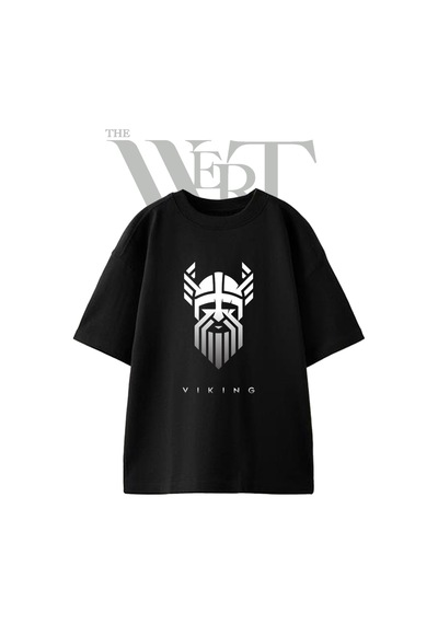 Thewert Viking Kafasi Tasarım Baskılı Ünisex Siyah Oversize T-shirt