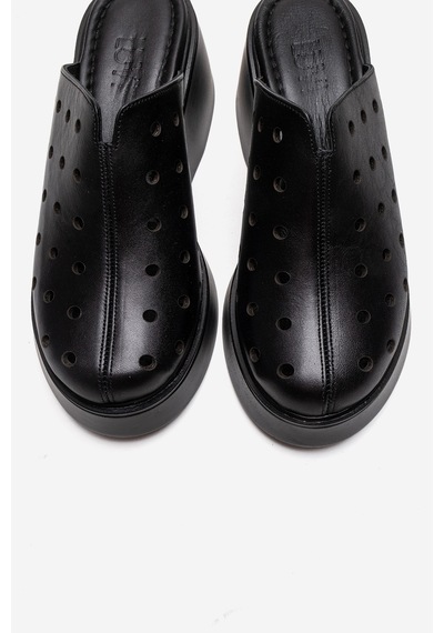 Luvishoes Nıves Siyah Hakiki Deri Delikli Kadın Dolgu Topuklu Terlik