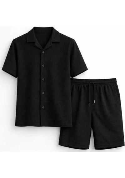 Valensdesign Erkek Waffle Kumaş Kısa Kollu Gömlek Şort Takım Regular Fit Yazlık İkili Set - Siyah