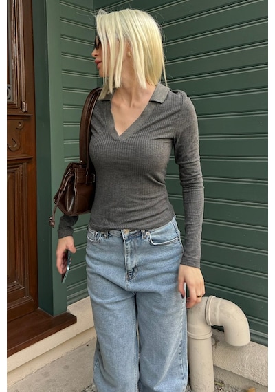 Madmext Antrasit Polo Yaka Fitilli Kadın Body Mg2566 Antrasit