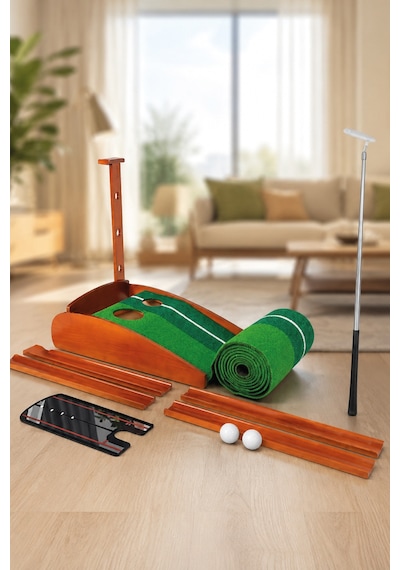 Walke Golf Putt Matı Ahşap Otomatik Top Dönüşlü Golf Antrenman Seti 3 Toplu 2 Delikli Yeşil