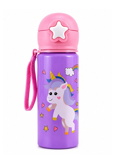 Alüminyum Matara 500 Ml Çocuk Su Matarası Pipetli Sızdırmaz Dayanıklı Taşıma İpli Mor