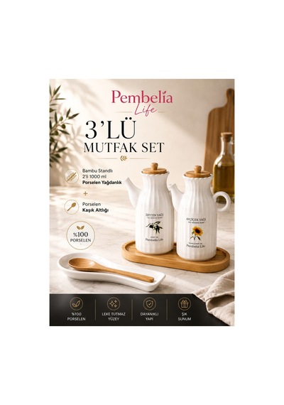 Bambu Standlı 2 Li Porselen Yağdanlık Ve Porselen Kaşık Altlığı 4 Lü Mutfak Düzenleme Seti Beyaz Beyaz