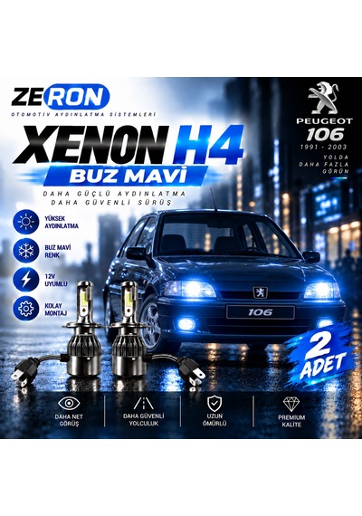 Peugeot 106 Xenon H4 Buz Mavi Led Far Ampulü 12v - 2 Adet Yüksek Aydınlatma Kolay Montaj