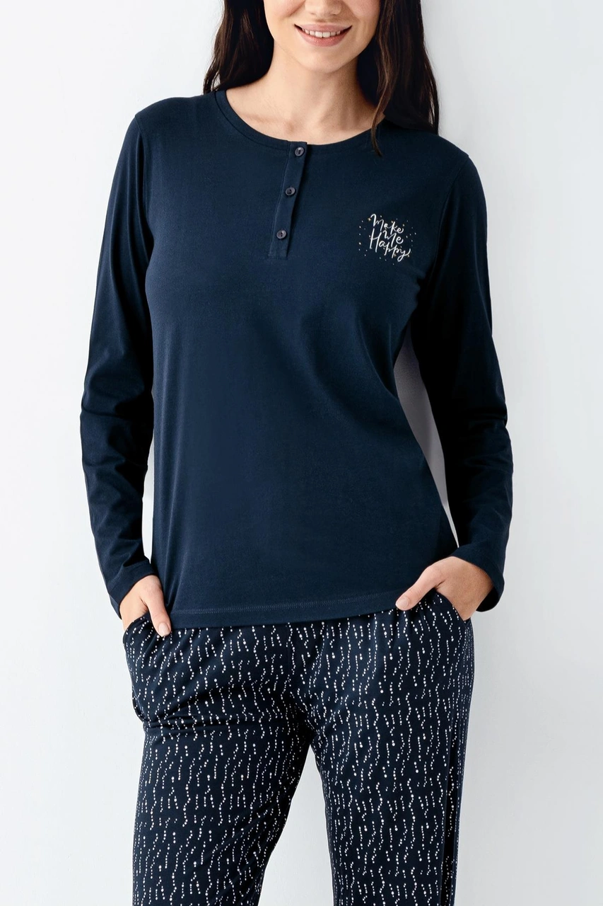 Arnetta Make Me Happy Kadın Modal Pamuklu Rahat Uzun Kollu Pijama Takım lacivert