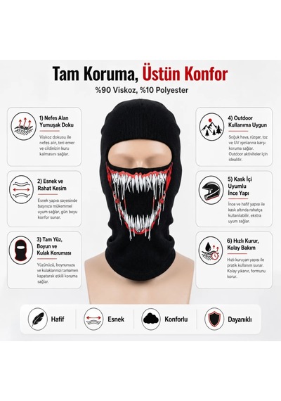 Unisex Canavar Diş Baskılı Balaklava 1 Adet Tek Beden Viskoz Kask İçi Motosiklet Maskesi 1 Siyah