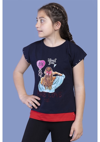 Toontoy Kids Toontoy Kız Çocuk Garni Detaylı Taş İşlemeli Baskılı Tişört Siyah