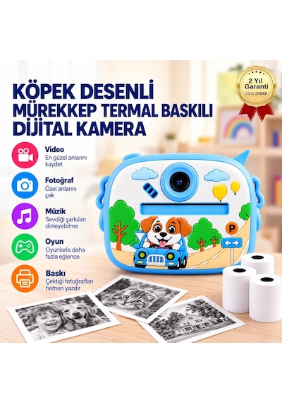 BLUE-4 Anında Baskılı Çocuk Fotoğraf Makinesi, 1 Arada Video, Müzik Özellikli Köpek Desenli Kamera-1802