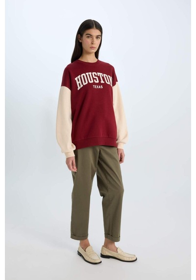 DeFacto Oversize Geniş Kalıp Bisiklet Yaka Baskılı Kalın Sweatshirt E3228AX24WNBR169