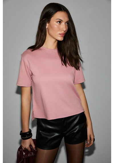 Grımelange Colena Kadın Organik Pamuklu Bisiklet Yaka Oversize Fit Kısa Kollu Pembe T-shirt Pembe