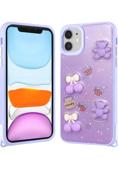 Apple Uyumlu iPhone 11 Kılıf Parlayan Sıvılı Simli Kabartma Figürlü Zore Cevze Kapak-mor Ayı Mor Ayı