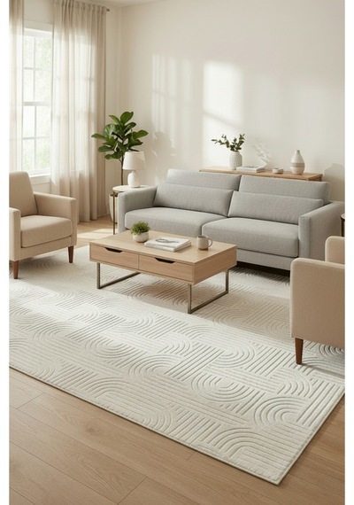 Bambu Dokulu Modern Desenli Kaymaz Taban Lüx Dört Mevsim Yıkanabilir Halı Yolluk Krem