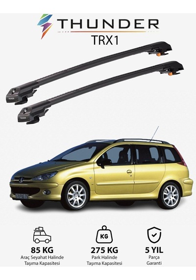 Peugeot 206 Sw 2002-2008 Trx1 Thunder Carrier Kilitli Ara Atkı Taşıyıcı Tavan Barı Siyah