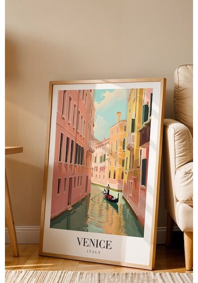 Venice Italy Vintage Seyahat Posteri Çerçeveli Tablo - Premium Venedik Kanal Elit Duvar Dekoru Kayın
